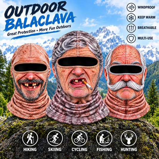Outdoor Balaclava: Toothless Smile, Smoker and Mustache funny face ski masks on a rock in the mountains